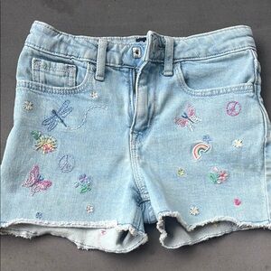 Embroidered Light Wash Denim Shorts with Butterflies & Rainbow